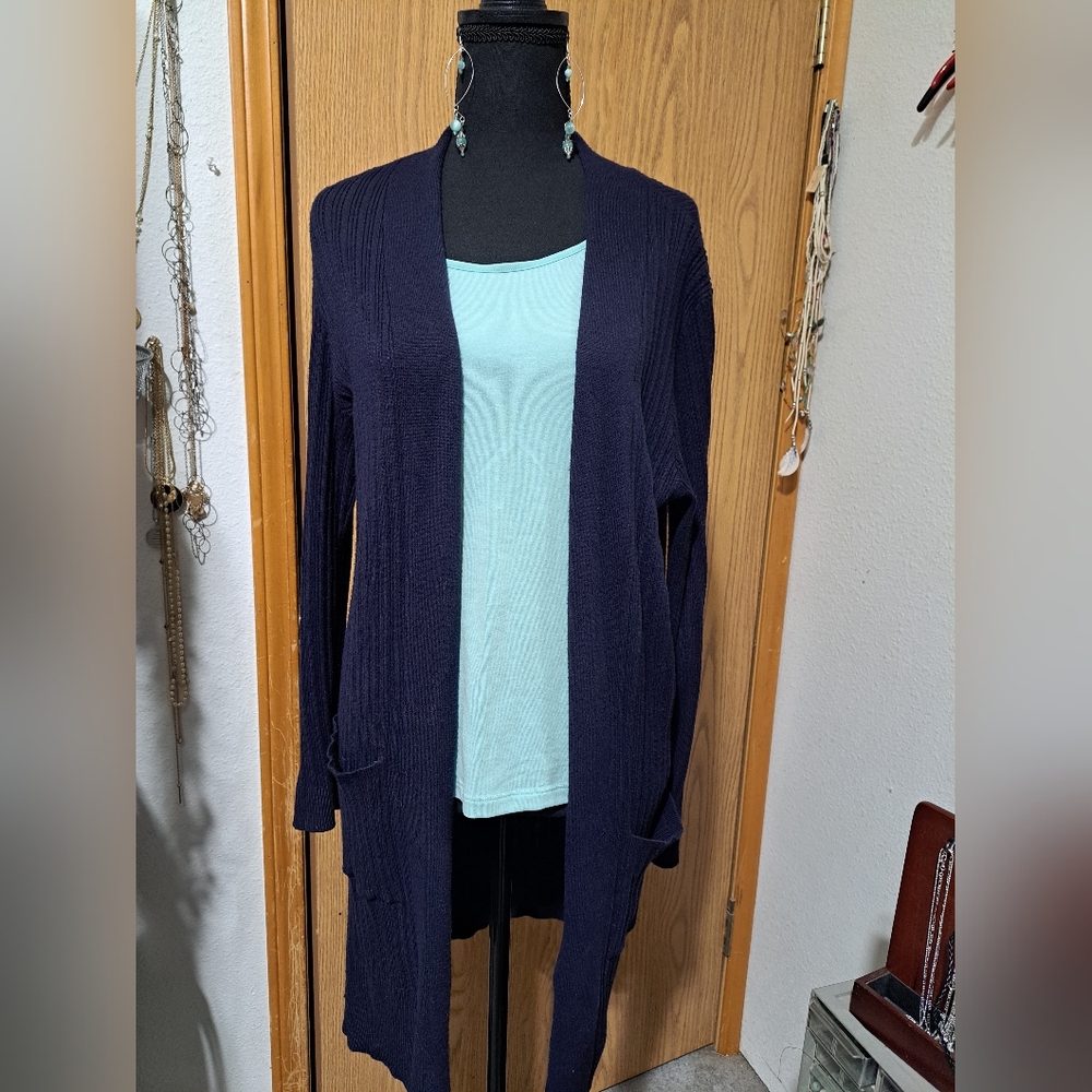 New condition long navy cardigan w pockets and tank top w adjustable straps